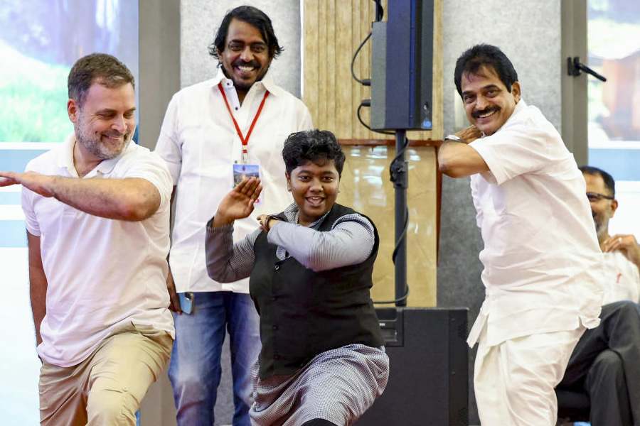 In this image received on March 6, 2026, Leader of Opposition in the Lok Sabha Rahul Gandhi, Congress leader KC Venugopal and others during an interaction with students at Marian College, Kuttikkanam, in Idukki district, Kerala.