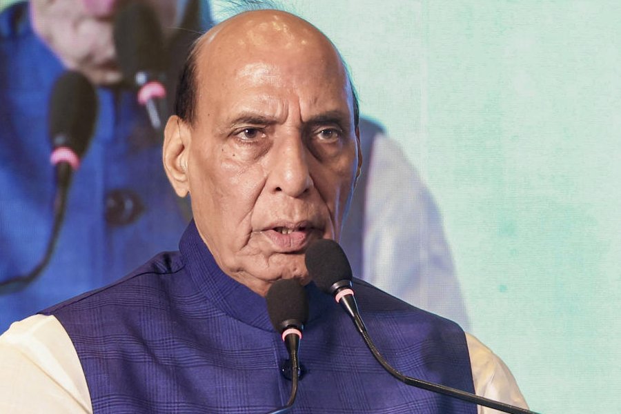 In this image received on March 6, 2026, Defence Minister Rajnath Singh addresses a gathering at the inauguration of 'Sagar Sankalp - Reclaiming India’s Maritime Glory', a defence and maritime dialogue, in Kolkata.
