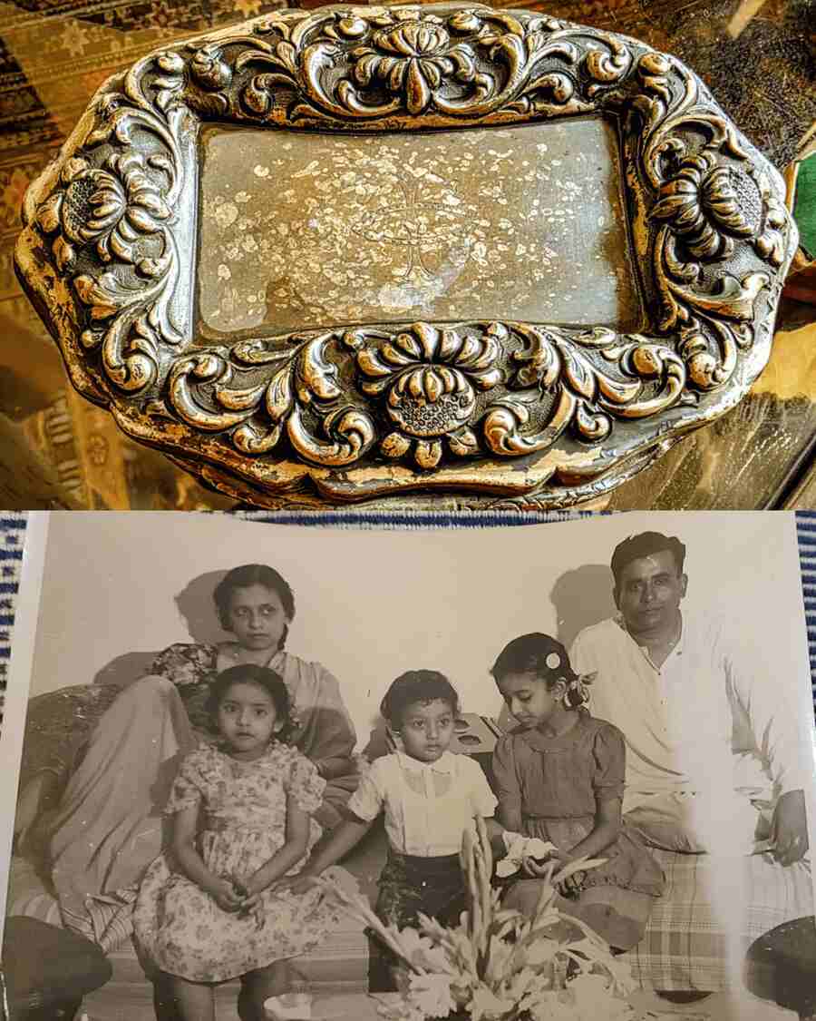 (Top) The silver paan daan; (Below) Chitralekha Tagore with her children Malasree, Partho, and Rajasree ( Nayana’s mother ) and husband Pranab Nath Tagore