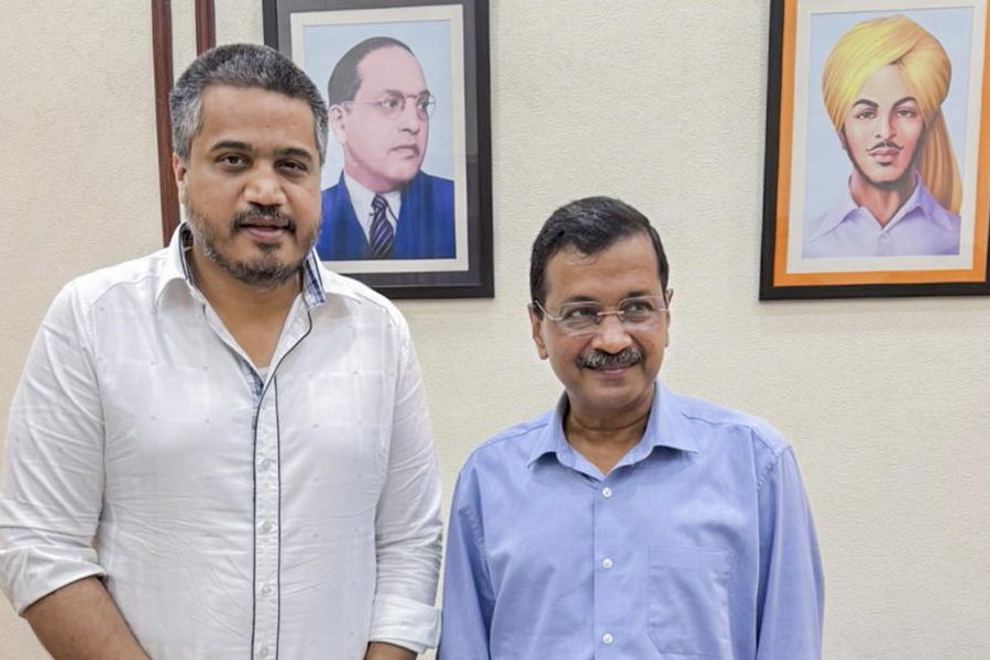 In this image received on March 7, 2026, AAP national convener Arvind Kejriwal with NCP (SP) leader Rohit Pawar during a meeting, in New Delhi.