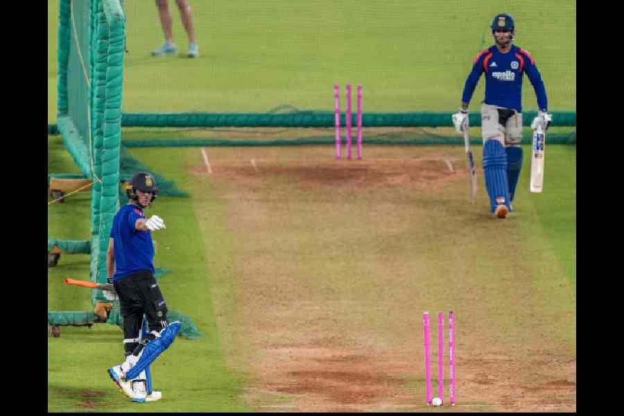 What is Abhishek Sharma (left) trying to say? Has he found a way to shrug off his wretched form?