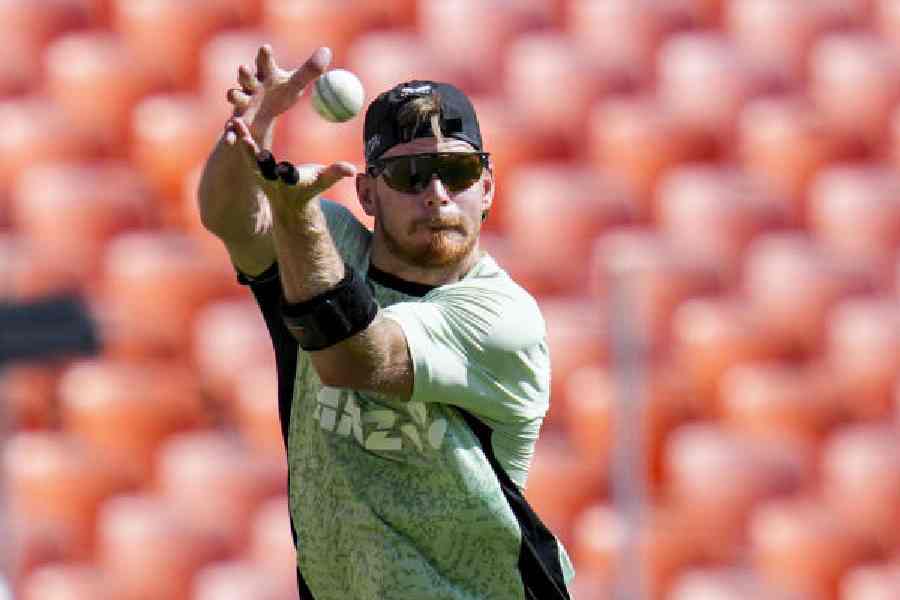 Glenn Phillips attempts a catch during practice in Ahmedabad on Saturday.