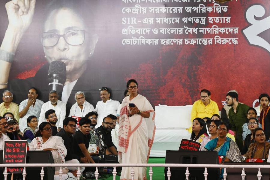 Mamata Banerjee at the Metro Channel dharna site on Saturday afternoon.