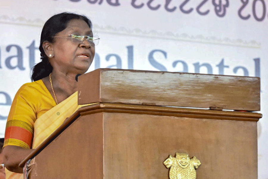 President Droupadi Murmu gives an addressal during the 9th International Santal Conference, in Darjeeling, West Bengal.