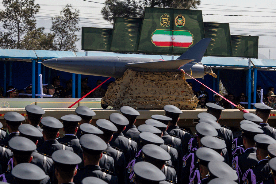 FILE — A drone is shown during Iran’s annual Army Day parade in Tehran on Friday, April 18, 2025. Missile launches from Iran have slowed, but relentless drone volleys could deplete air defenses in the region.
