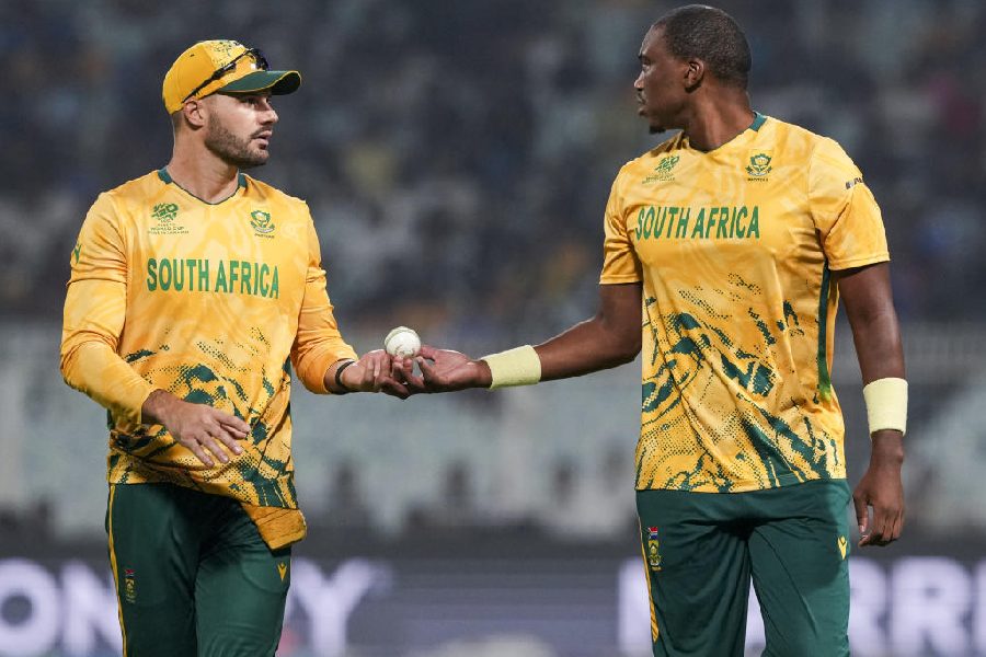 South Africa's captain Aiden Markram, left, with Lungi Ngidi during the ICC Men's T20 World Cup 2026 match between South Africa and New Zealand, at Eden Gardens