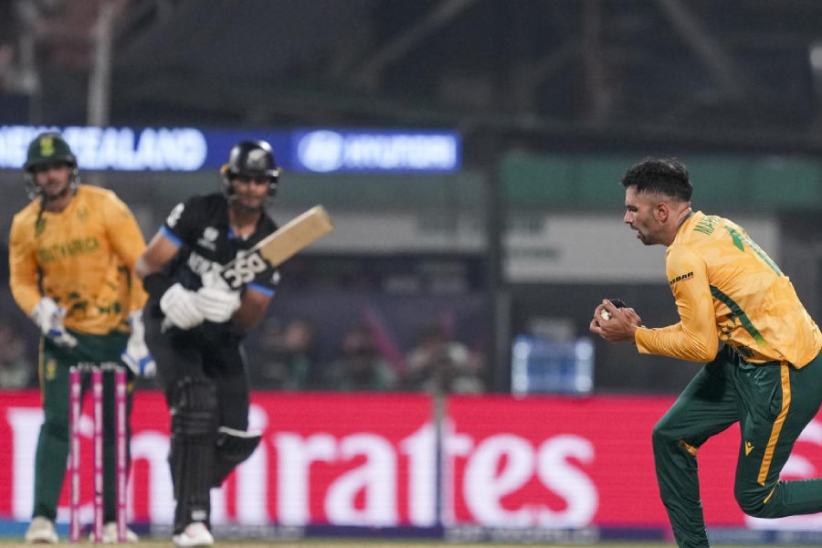 South Africa's Keshav Maharaj fields during the match 