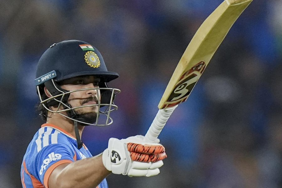 India's Ishan Kishan celebrates his half century during the ICC Men's T20 World Cup 2026 final cricket match between India and New Zealand, at Narendra Modi Stadium, in Ahmedabad, Gujarat, Sunday, March 8, 2026.