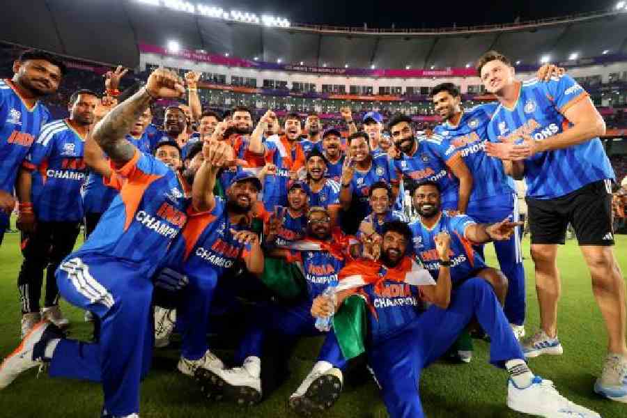 Team India players and support staff erupt in joy and celebration after winning the T20 World Cup for the third time, in Ahmedabad on Sunday. India thrashed New Zealand by 96 runs to defend their 2024 title in style. (Picture: BCCI/X)