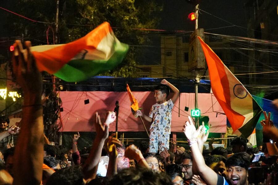 Clad in blue jerseys, Kolkatans hit the streets after India won the ICC T20 World Cup on March 8 at Narendra Modi Stadium in Gujarat.
