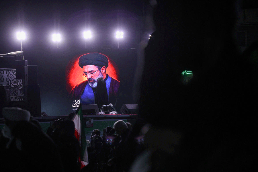 A picture of Iran's new supreme leader, Mojtaba Khamenei, is displayed on a screen in Tehran, amid the U.S.-Israeli conflict with Iran, in Tehran, Iran, March 9, 2026.