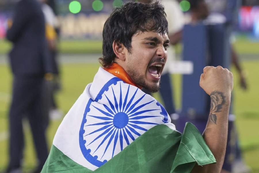 India's Ishan Kishan during celebrations after India won the ICC Men's T20 World Cup 2026 at Narendra Modi Stadium, in Ahmedabad, Sunday, March 8, 2026.