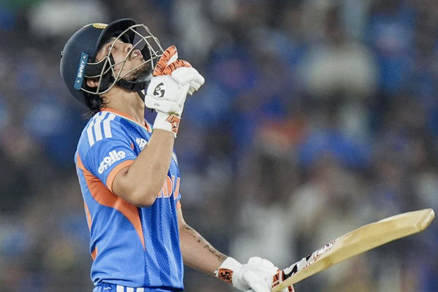 India's Ishan Kishan celebrates his half century during the ICC Men's T20 World Cup 2026 final cricket match between India and New Zealand, at Narendra Modi Stadium, in Ahmedabad, Gujarat, Sunday, March 8, 2026.