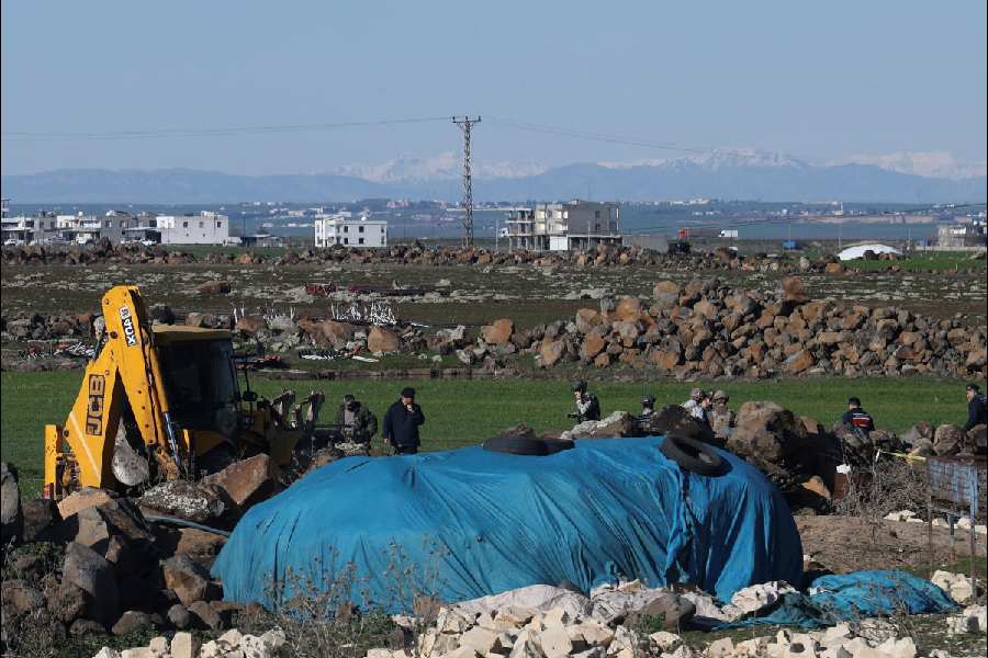 Turkish army personnel search field after NATO intercepts Iranian missile debris in Diyarbakir Turkey