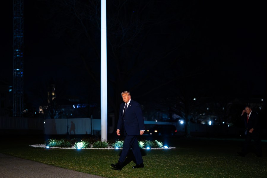 President Donald Trump arrives on the South Lawn of the White House, following a weekend trip to Florida, in Washington, March 9, 2026.