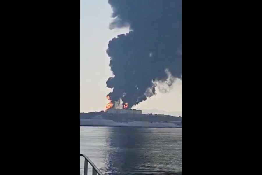 A plume of smoke raises from oil storage facilities at the Port of Salalah in Raysut, Oman in this screen capture from video obtained from social media and released March 11, 2026.