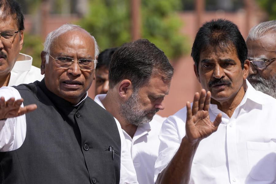 LoP in the Lok Sabha Rahul Gandhi, with LoP in Rajya Sabha Mallikarjun Kharge, Congress MP KC Venugopal, and others, stages a protest in Parliament premises over 'LPG shortage' during the second part of Budget session, in New Delhi, Thursday, March 12, 2026.