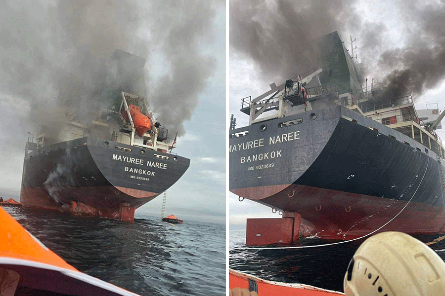 This image released by the Royal Thai Navy shows Thai cargo ship, Mayuree Naree, that was struck and set ablaze in the Strait of Hormuz Wednesday, March 11, 2026
