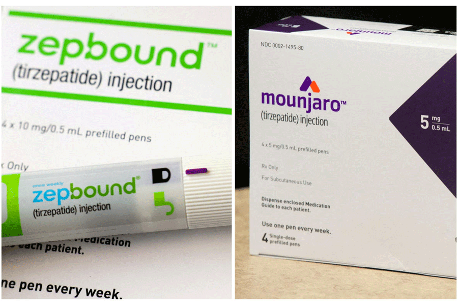 FILE PHOTO: A combination image shows an injection pen of Zepbound, Eli Lilly's weight loss drug, in New York City, U.S., December 11, 2023 (left) and a box of Mounjaro, a tirzepatide injection drug used for treating type 2 diabetes and made by Lilly, at Rock Canyon Pharmacy in Provo, Utah, U.S., March 29, 2023.