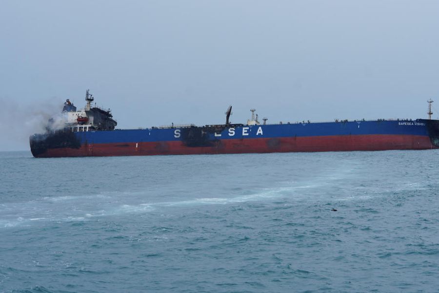 A foreign tanker carrying Iraqi fuel oil damaged after catching fire in Iraq's territorial waters, near Basra