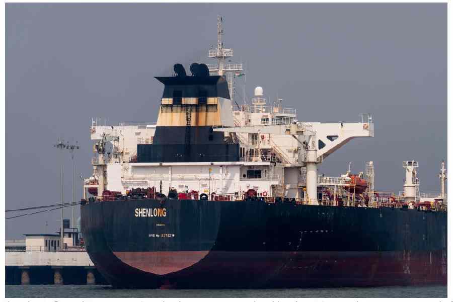 Liberia-flagged Suezmax tanker Shenlong carrying crude oil berths at Jawahar Dweep terminal, Mumbai Port, March 12, 2026