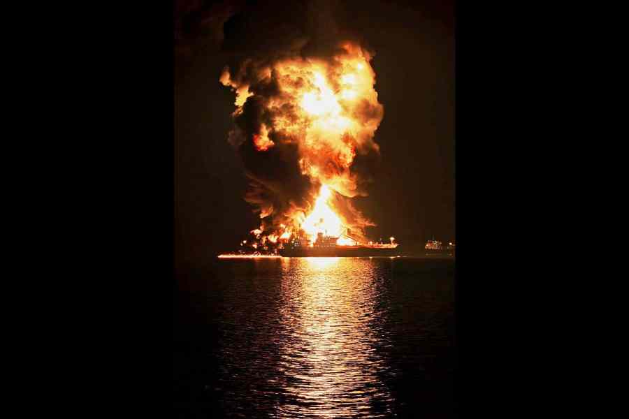 Oil tanker on fire after Iranian strike at Khor al-Zubair port near Basra, Iraq, March 11, 2026.