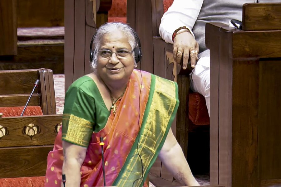 MP Sudha Murty speaks in the Rajya Sabha during the second part of Budget session of Parliament, in New Delhi, Friday, March 13, 2026.