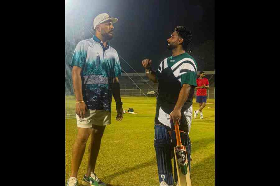 Rishabh Pant in conversation with Yuvraj Singh,in a picture shared by Lucknow Super Giants on X,ahead of IPL 2026 