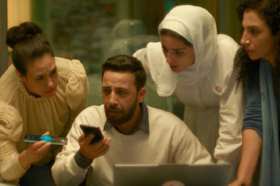 Motaz Malhees (centre) in ‘The Voice of Hind Rajab’