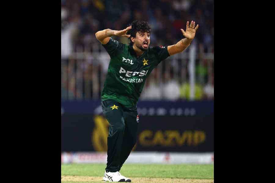 Pakistan bowler Abrar Ahmed during a T20I matchin Sharjah last year.