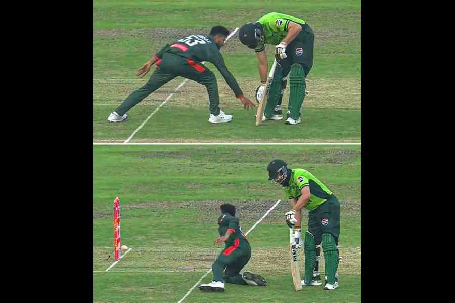 In a series of videograbs shared on X, Bangladesh captain Mehidy Hasan Miraz runs Salman Agha out at the            non-striker’s end in the second ODI against Pakistan            in Dhaka on Friday. Pakistan won the game by 128 runs            via DLS Method after inclement weather adjusted Bangladesh’s target to 243 in 32 overs