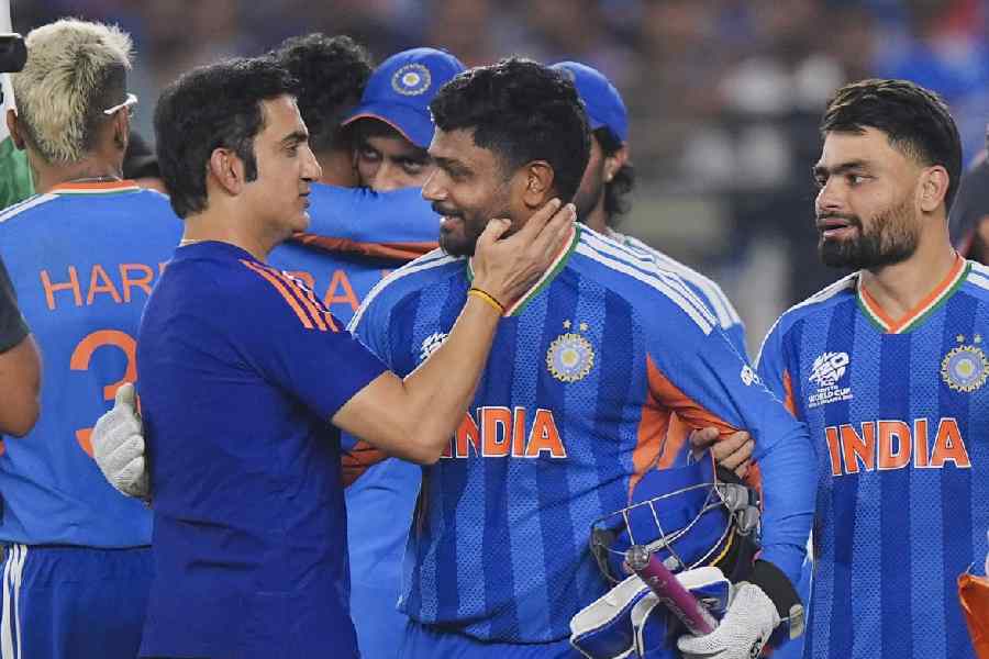 Gautam Gambhir with Sanju Samson after the T20 World Cup triumph.