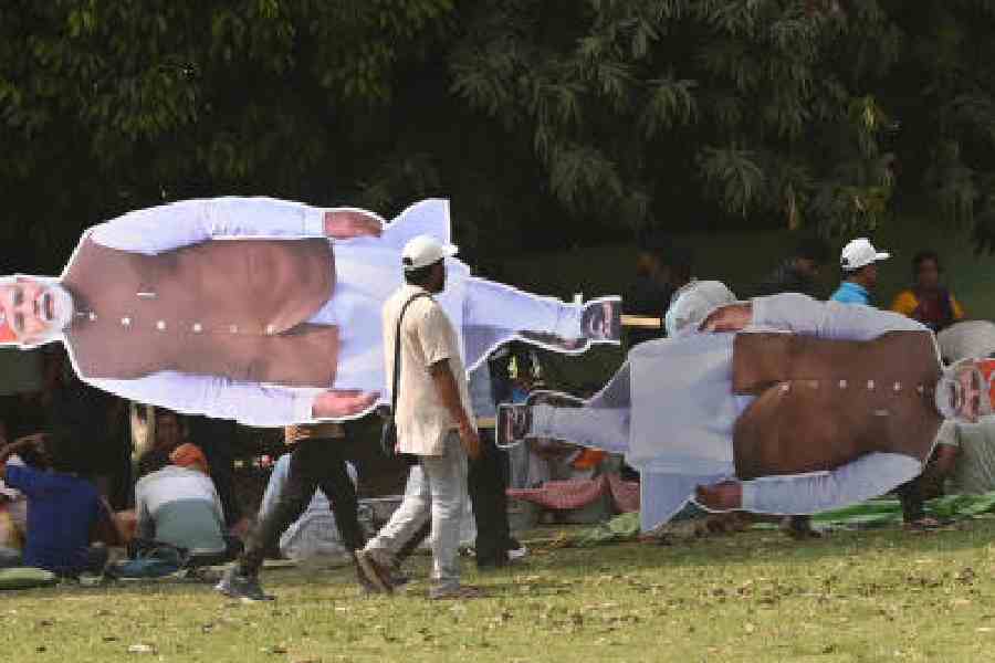 Rally attendees with cut-outs from the Brigade event on Saturday. Pictures by Bishwarup Dutta