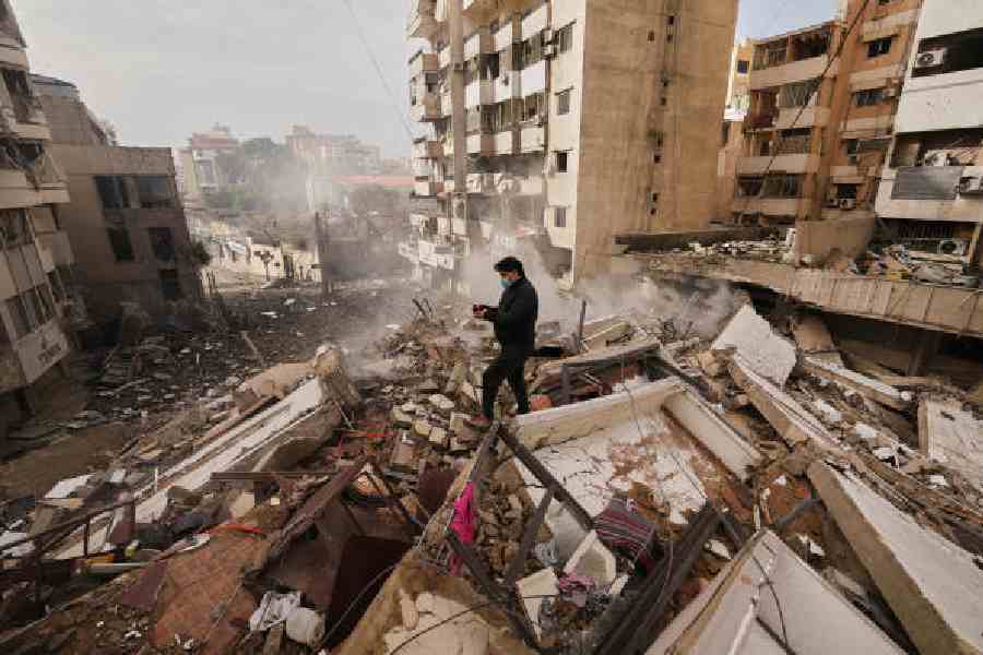 Buildings razed to rubble in Dahiyeh, Beirut,after a strike on Saturday. (AP/PTI picture)