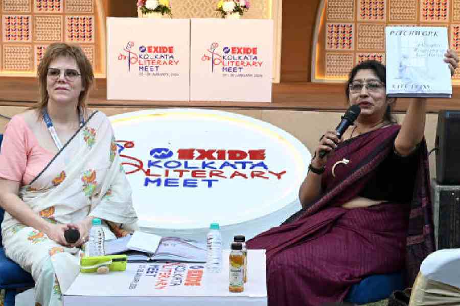 Kate Evans (left) in conversation with Debnita Chakravarti for the session ‘Austen-tatious’ at the Exide Kolkata Literary Meet 2026 