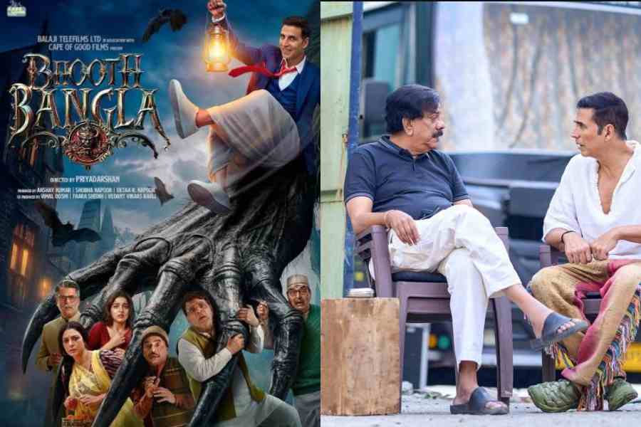 Bhooth Bangla releases in cinemas on April 10. Priyadarshan (left) with Akshay Kumar on the sets of Bhooth Bangla