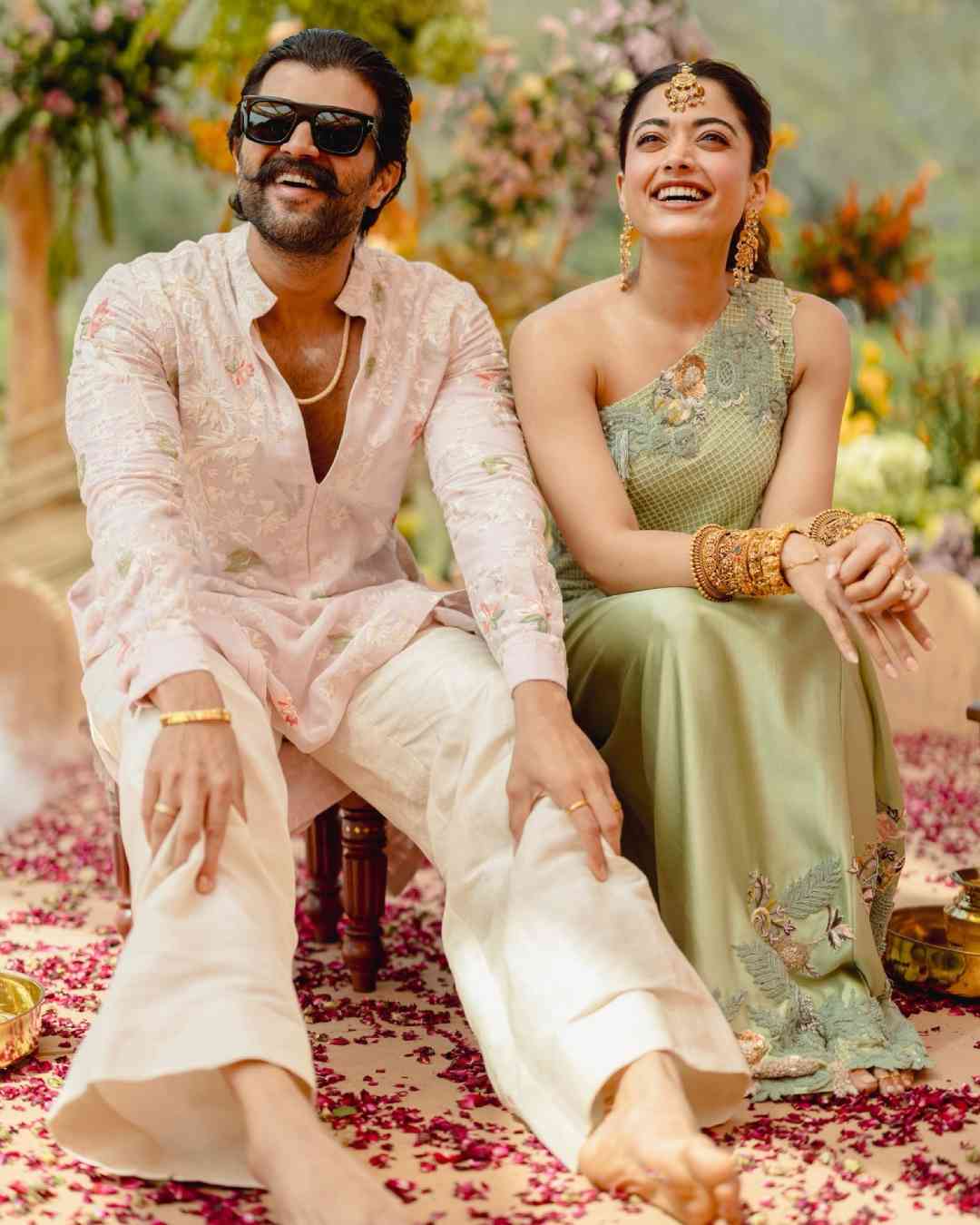 Celebrity couple Rashmika Mandanna and Vijay Deverakonda, on Monday, shared fresh pictures from their Haldi ceremony