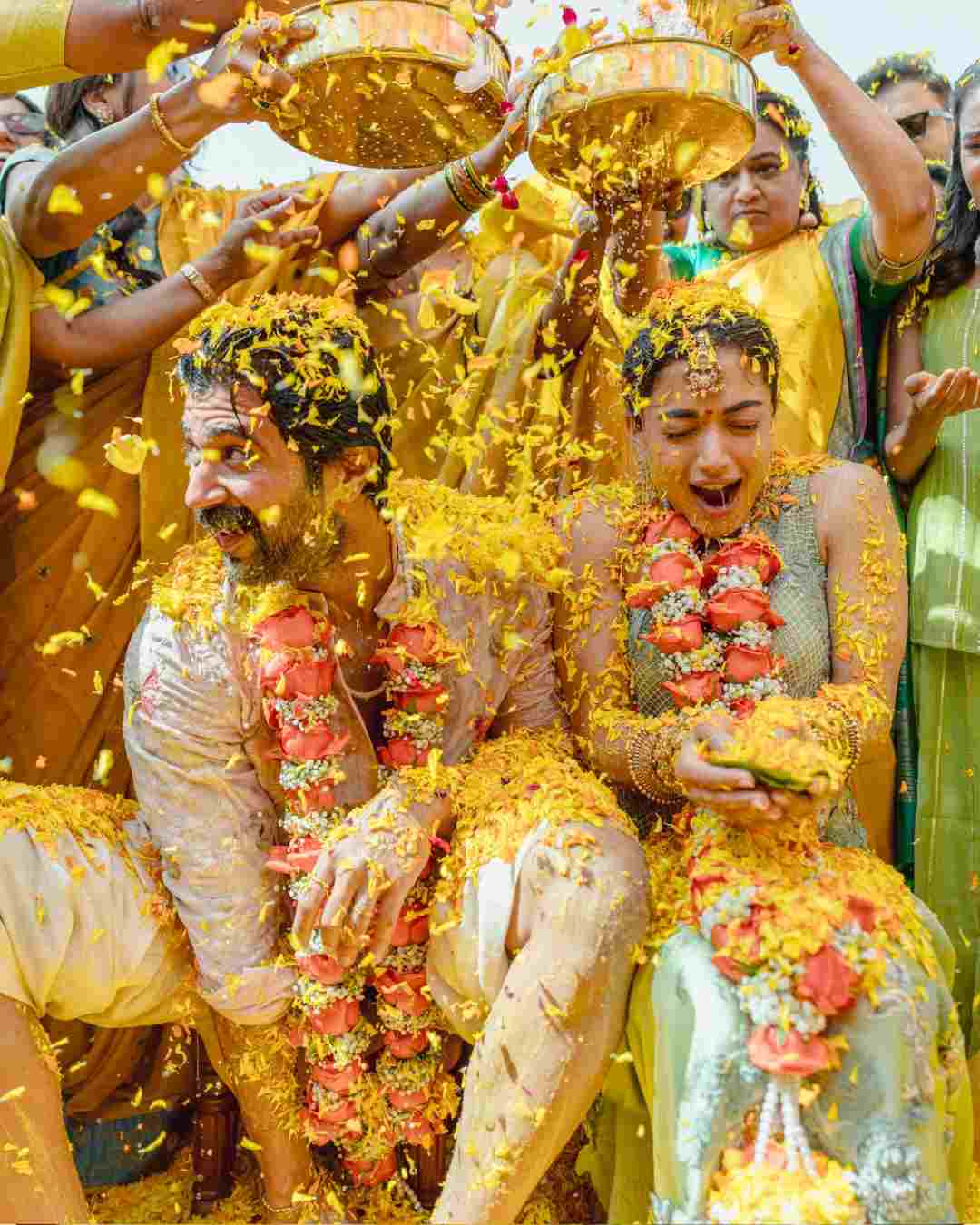 Celebrity couple Rashmika Mandanna and Vijay Deverakonda, on Monday, shared fresh pictures from their Haldi ceremony