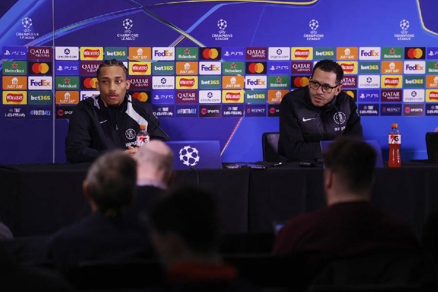 Chelsea manager Liam Rosenior and Joao Pedro during press conference on March 16, 2026