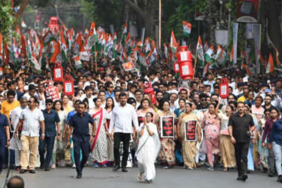 Mamata Banerjee leads the rally on Monday.