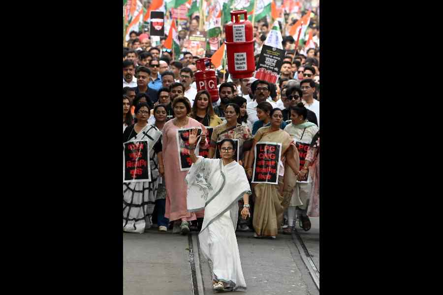 Mamata Banerjee leads a rally in Calcutta on Monday against the LPG crisis.