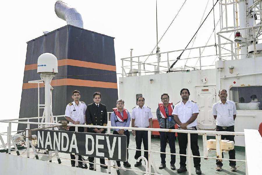 Crew members and others aboard the Indian-flagged LPG carrier Nanda Devi, carrying 46,500 MT LPG