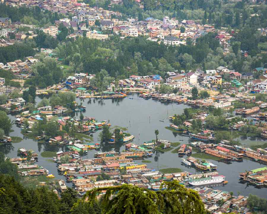 An aerial view of rows of empty houseboats in Dal Lake, as tourism takes a hit following the Pahalgam terror attack that claimed 26 lives and left several injured, in Srinagar, Monday, May 26, 2025