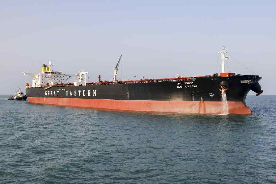 Indian vessel Jag Laadki, carrying 80,800 metric tonnes of crude oil, arrives at Mundra port in Gujarat on Wednesday.