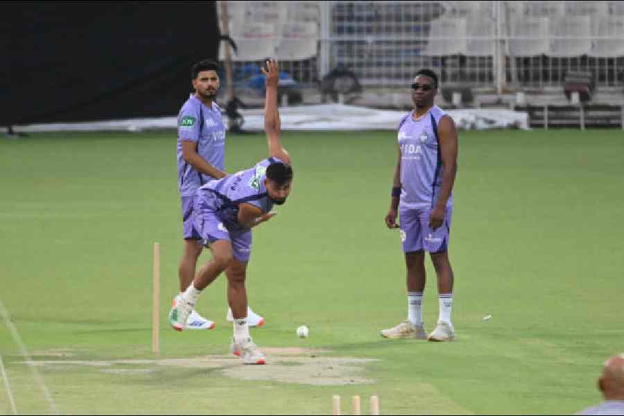 KKR players practice at the Eden Gardens on Wednesday.