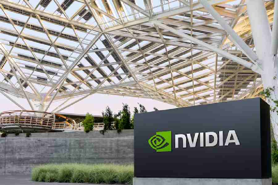 The logo of NVIDIA as seen at its corporate headquarters in Santa Clara, California.