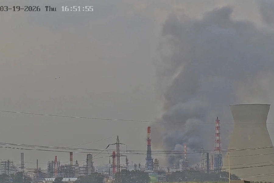CCTV footage shows smoke rising from Israel's Haifa refinery after a reported Iranian attack, in Haifa, Israel, March 19, 2026, amid the U.S.-Israeli conflict with Iran, in this screengrab from video obtained from social media.