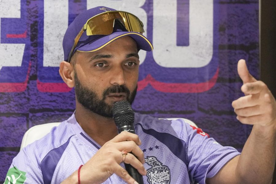 Kolkata Knight Riders (KKR) captain Ajinkya Rahane addresses a press conference ahead of the IPL 2026 season, at Eden Gardens in Kolkata, Friday, March 20, 2026.