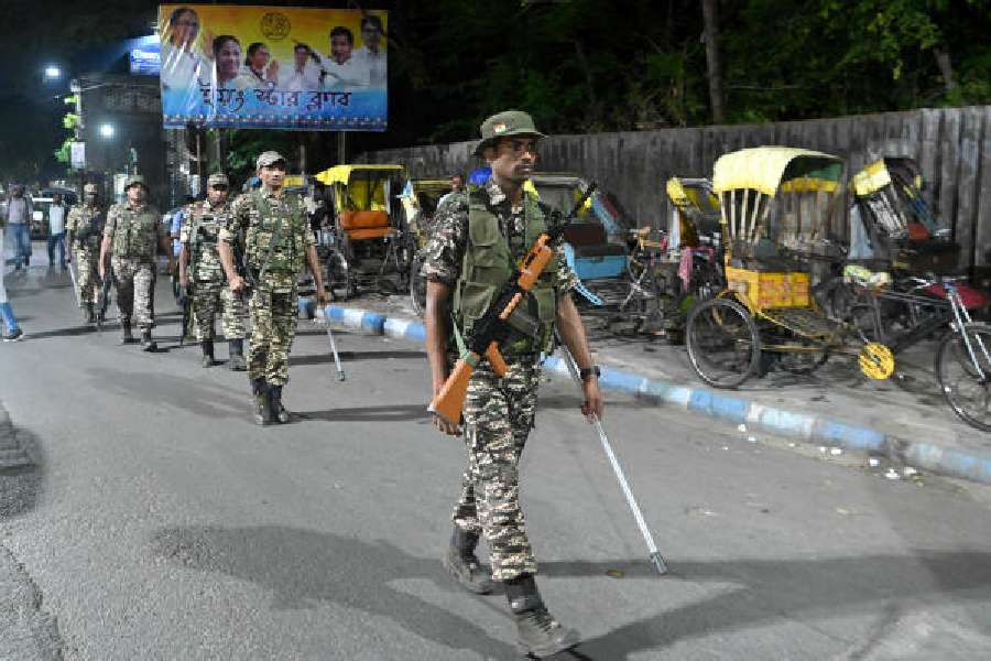 CRPF jawans on a route march in Jodhpur Park on Thursday