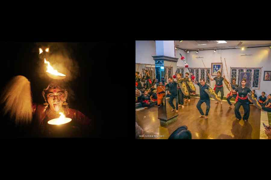 A moment from Santoshspur Anuchintan’s In Search of Goddess Sitala (left); A Thang-Ta presentation, hosted by the organisation, Art and Artiste 4U, was the culmination of a workshop under Imocha Singh.